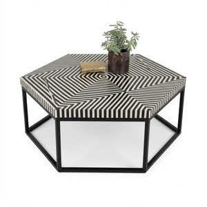 Tabouret en os incrusté de style unique en forme de sablier, table d'appoint géométrique de luxe, table d'appoint à motif rayé noir et blanc pour la maison - Product Image 3