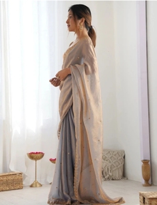 Sari indien en soie orné, infroissable, réversible, à séchage rapide, pour les fêtes d'automne - Product Image 2
