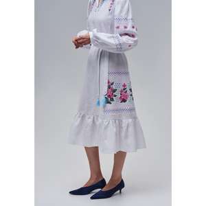 Vestido Midi de Lino Blanco Bordado para Mujer al por Mayor, Kurti Étnico con Cinturón y Dobladillo con Volantes, Cintura Natural Ecológica - Product Image 3