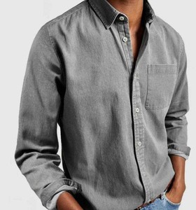 <b>Men's</b> Denim Shirt Long Sleeve Slim Fit Cotton Solid Color Turn-down Collar Casual Button Front Pocket All Seasons - Product Image 2