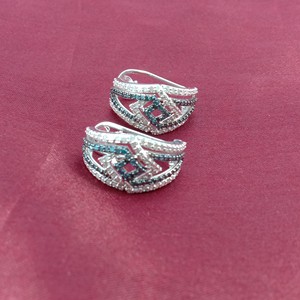 2.00 Cttw White & Blue Diamond <b>Huggie</b> Hoop Earrings for Women, Round Cut Natural Diamonds, 925 Sterling <b>Silver</b> - Product Image 2