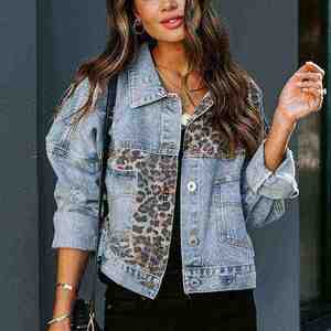 Women's Leopard Print Patch Work <b>Denim</b> Jacket Light Blue Distressed Patchwork Design Long Sleeve Casual <b>Coat</b> - Product Image 6