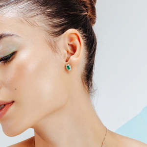 18K White Gold Baguette Cut Diamond Halo <b>Emerald</b> <b>Stud</b> Earrings - Product Image 6