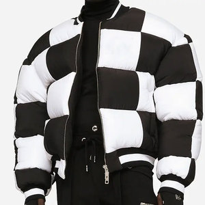Veste matelassée à carreaux noirs et blancs pour homme, coupe-vent, streetwear, bomber, fermeture éclair, rembourrage épais en polyester, manteau d'hiver - Product Image 6