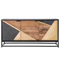 Buffet moderne industriel fait main en bois de manguier écologique avec incrustations géométriques dorées, 3 portes, base métallique, luxe pour salon