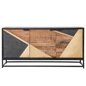 Buffet moderne industriel fait main en bois de manguier écologique avec incrustations géométriques dorées, 3 portes, base métallique, luxe pour salon - Product Image 4