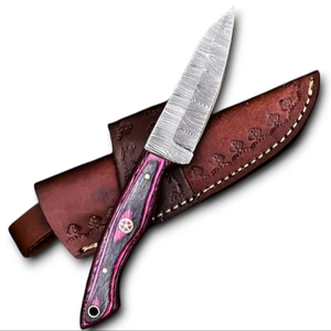 มีดเดินป่าล่าสัตว์เหล็กดามัสกัสพรีเมียม ด้ามไม้ปักก้า ใบมีดแบบฟิกซ์ สำหรับกิจกรรมเอาตัวรอดกลางแจ้ง ปลายใบมีดแบบดรอปพอยต์ ด้ามจับแบบฟูลแทง OEM/ODM MOQ ต่ำ - Product Image 1