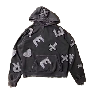 Custom Acid Wash Sepaling Hoodod Tracksuit <b>Aesthetic</b> Cotton Patchwork Jogger Matching Distress Print For Men <b>Hoodies</b> Shorts Set - Product Image 5