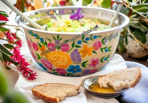 Large Hand Painted Stainless Steel Light <b>Yellow</b> 7 Inch Diameter Fruit Bowl Decorative Floral Salad Mixing Serving Bowl for Party - Product Image 3