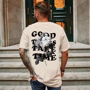 T-shirts graphiques vintage pour hommes, imprimé floral et lettres surdimensionnés, style streetwear rétro, décontractés, coupe ample, en coton - Product Image 3