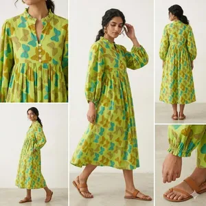 Robe midi vintage en coton jaune à imprimé floral papillon, avec manches bouffantes, coupe ample, col en V, robe d'été décontractée - Product Image 4