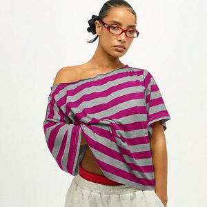 T-shirt tricoté décontracté à manches courtes et épaules dénudées pour femme 2026 – Coupe ample, écologique, respirant, avec logo, rayé, idéal pour l'été - Product Image 1