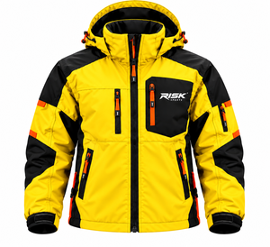 Veste de ski en coton tissé jaune et noir pour femme, manteau d'hiver à capuche pour sports de neige avec poches zippées et logo frontal - Product Image 6