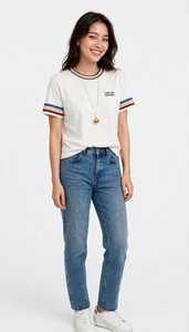 ONETEN APPAREL Women's <b>White</b> Striped Trim Crew Neck Short Sleeve <b>T</b>-<b>Shirt</b> Letter Print Casual Loose <b>Crop</b> Jersey Comfortable Top - Product Image 1