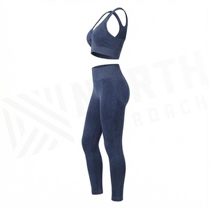 2 Piece Yoga Set High Waist Full Length Leggings V Neck Racerback Sports <b>Bra</b> Seamless Solid Navy <b>Blue</b> Women's Activewear - Product Image 3