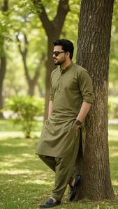 <b>Men's</b> Olive Green Cotton <b>Kurta</b> Pajama Set Traditional Casual Wear Regular Fit Ankle-Length All-Season Indian Pakistani Clothing - Product Image 2
