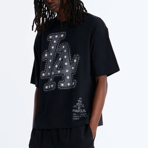 Camiseta Ligera de Algodón Negra con Cuello Redondo y Manga Corta, con Estampado del Logotipo LA, Estilo Urbano, Corte Regular para Hombre, con Pedrería - Product Image 1