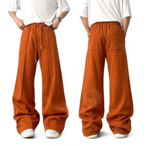 High Elasticity <b>Men's</b> Rust Orange Baggy Sweatpants Wide Leg Relaxed Cotton Blend Casual <b>Drawstring</b> <b>Trousers</b> - Product Image 1