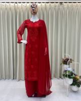 Salwar Kameez rouge brodé en polyester pour femme, coupe ample traditionnelle, longueur ras du sol, tenue ethnique style mariage Inde Pakistan