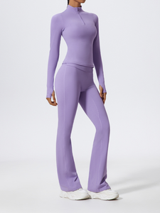 Ensemble de sport pour femme : Leggings et haut de yoga à manches longues zippé, pantalon évasé taille haute respirant - Product Image 5