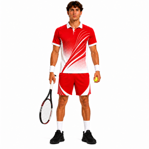 Conjunto de Camiseta y Pantalones Cortos de Tenis Sublimados Rojos y Blancos para Hombre, Transpirables, Ajuste Atlético, Ropa Deportiva de Verano, Personalizable para Equipos y Marcas - Product Image 1