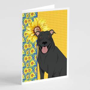 Summer Sunflowers A7 Tamaño 5x7 Paquete de tarjetas de felicitación 8 Black Pit Bull Terrier Diseño caprichoso Tarjetas de notas en blanco con sobres - Product Image 1