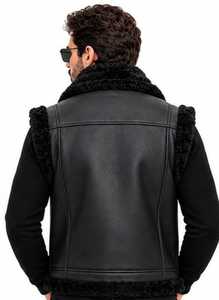 <b>Men's</b> Black <b>Leather</b> Sherpa Lined Vest Zip fur turn down caller <b>Waistcoat</b> Windproof - Product Image 3