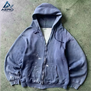 Custom <b>Mens</b> Vintage <b>Washed</b> Zip Up Hoodie Paint Splatter Distressed Sun Faded Thermal Lined Heavyweight Hooded - Product Image 2