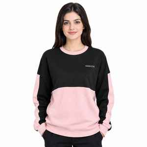 Women's Color <b>Block</b> Sweatshirt O-Neck Oversized Pink Black Long Sleeve Knitted Breathable Autumn Wear - Product Image 3