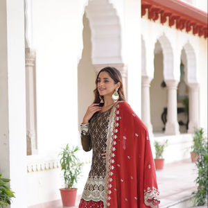 Traje Salwar de Seda Vichitra Marrón con Bordado de Lentejuelas Zari y Encaje de Diseño con Borde Calado, Top y Sharara con Dupatta - Product Image 1