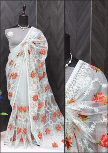 Sari en tissu papillon lourd avec broderie Aari et travail de pierres – Tenue de soirée multicolore - Product Image 3