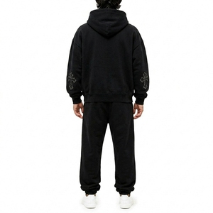 Men 2 Piece Gothic Tracksuit Set Oversized Hoodie Jogger Star Cross Patch Applique Fleece Custom OEM Wholesale Manufacturer - Product Image 2