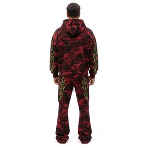 Conjunto Deportivo con Capucha de Camuflaje para Hombre, Estampado de Llamas Verde Neón, Estilo Urbano, Bolsillos con Cordón, Corte Regular, 100% Algodón - Product Image 2