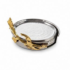 Ensemble de sous-verres en acier inoxydable martelé avec support décoratif en forme de vigne dorée, sous-verres ronds résistants à la chaleur pour la maison - Product Image 1