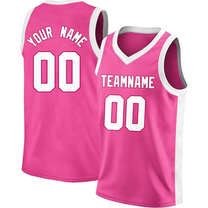 Maillot de basket-ball rose personnalisé sans manches, col en V, nom de l'équipe, numéro, impression sublimée, polyester respirant, vêtements unisexes pour adultes - Product Image 1