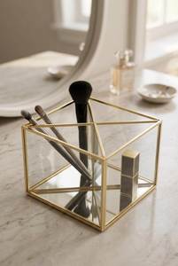 Elegant <b>Gold</b> Metal And Glass Makeup Organizer Case With Compartments For Cosmetics And Skincare Collection - Product Image 4
