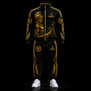 SINEWY SPORTS Chándal Deportivo Premium Vintage con Capucha y Estampado de Guerrero Espartano en Negro y Dorado para Hombre - Product Image 1