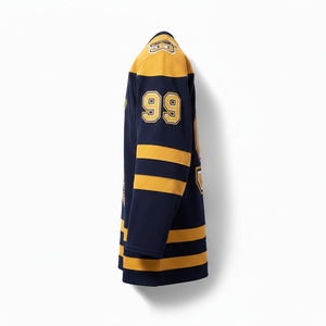 Maillot de hockey sur glace pour homme, bleu marine et jaune, avec logo brodé en twill, manches longues, respirant, coupe classique - Product Image 3
