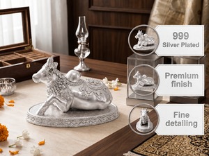 Jaipur Metals - Ídolo de Toro Nandi Chapado en Plata 999 |   Estatua Religiosa Decorativa para el Hogar Hecha a Mano en Latón 100% |   7x4x4 cm |   85g |   Regalo para Pooja - Product Image 2