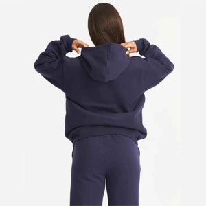 Women's Navy Blue Hooded Tracksuit <b>Set</b> 100% Cotton Loose Fit Casual Sweatshirt and <b>Sweatpants</b> with Side Pockets - Product Image 4