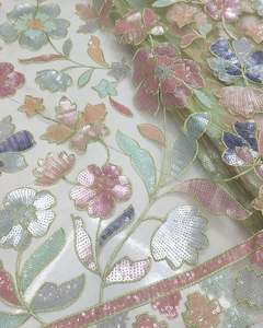 African Sequin Lace Fabric Beaded Embroidery Mesh Fabric Party Wear Wedding Dress Fabric Wholesale - Product Image 3