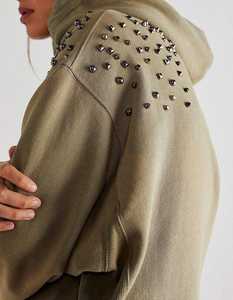 Men's & Women's Studded Shoulder Acid-Wash Pullover Hoodie 2026 Charcoal Grey Olive <b>Green</b> Oversized Streetwear <b>Sparkle</b> <b>Top</b> - Product Image 5