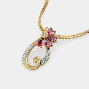 Yellow Gold <b>Ruby</b> Floral Swirl Lab Grown Diamond Pendant <b>Necklace</b> - Product Image 4