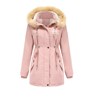 Parka d'hiver pour femme vert olive à capuche avec bordure en fausse fourrure et logo imprimé sur le devant, manteau long décontracté coupe régulière coupe-vent - Product Image 5