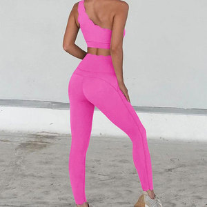 Conjunto de Yoga Rosa de Un Solo Hombro, Leggings de Cintura Alta, Ropa Deportiva de 2 Piezas sin Costuras para Mujer, Color Sólido, Largo Completo - Product Image 3