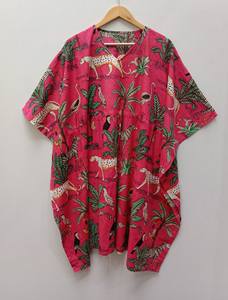 Vestido Kaftán de Algodón 100% con Estampado de Selva, Hecho a Mano en India, Ropa de Playa de Verano, Estilo Bohemio, Corte A, Talla Grande, Largo hasta la Rodilla - Product Image 4