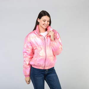 Chaqueta acolchada rosa brillante para mujer, con cuello alto y cremallera, estilo bomber, gruesa y cálida para invierno - Product Image 4