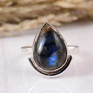 Handmade 925 Sterling <b>Silver</b> Natural Blue Labradorite Pear Shape Bezel <b>Set</b> Boho & Hippie Style Party <b>Ring</b> - Product Image 1