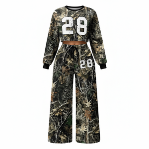 Men Camouflage Two-Piece Tracksuit Set <b>Crop</b> <b>Top</b> Loose Fit Jogger Pants Full Sleeve Hooded Zipper Fly Closure Acid Wash 100% - Product Image 1