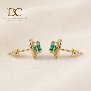 Pendientes de Oro Amarillo Sólido de 14 Quilates con Diamante Cultivado en Laboratorio y Esmeralda Colombiana, Corte Cojín, Joyería de Diseño para Mujer, Certificados por IGI - Product Image 4